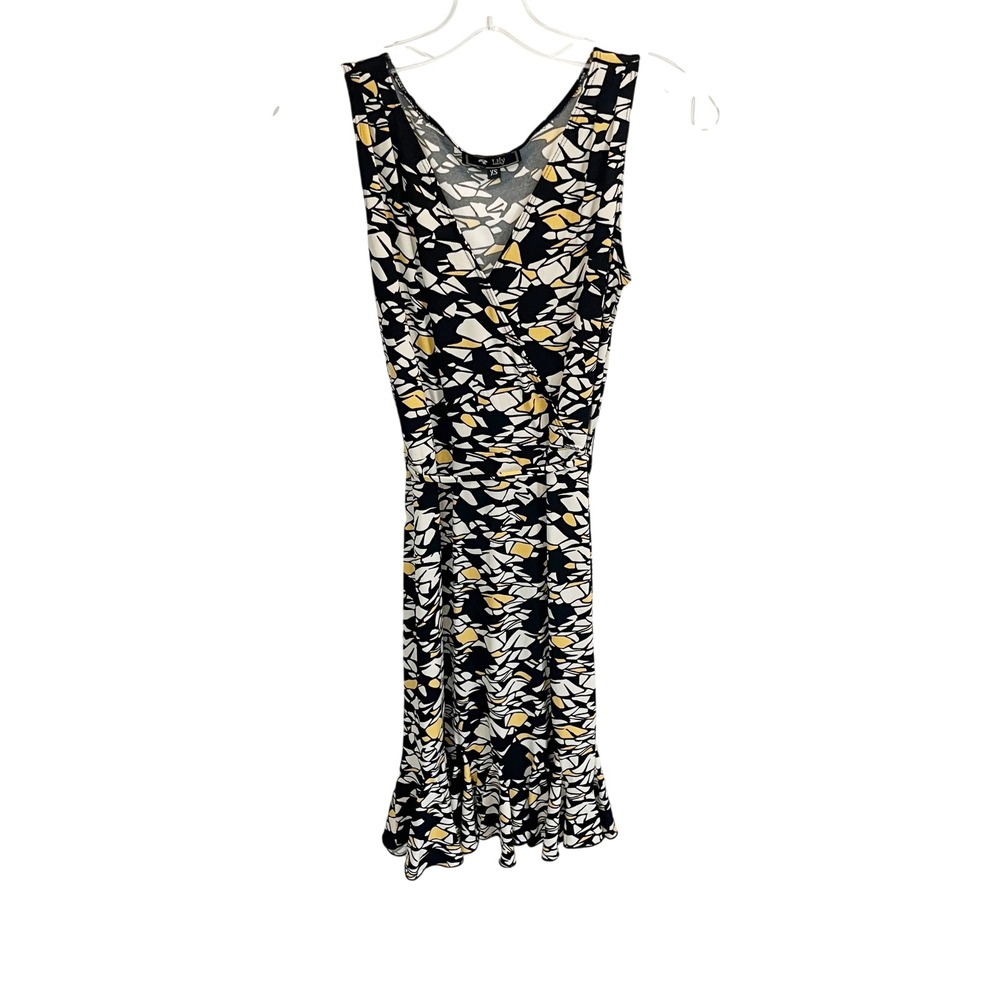 Vintage Lily Black Yellow Geometric Abstract Midi Ruffle Dress Y2K USA Made - XS